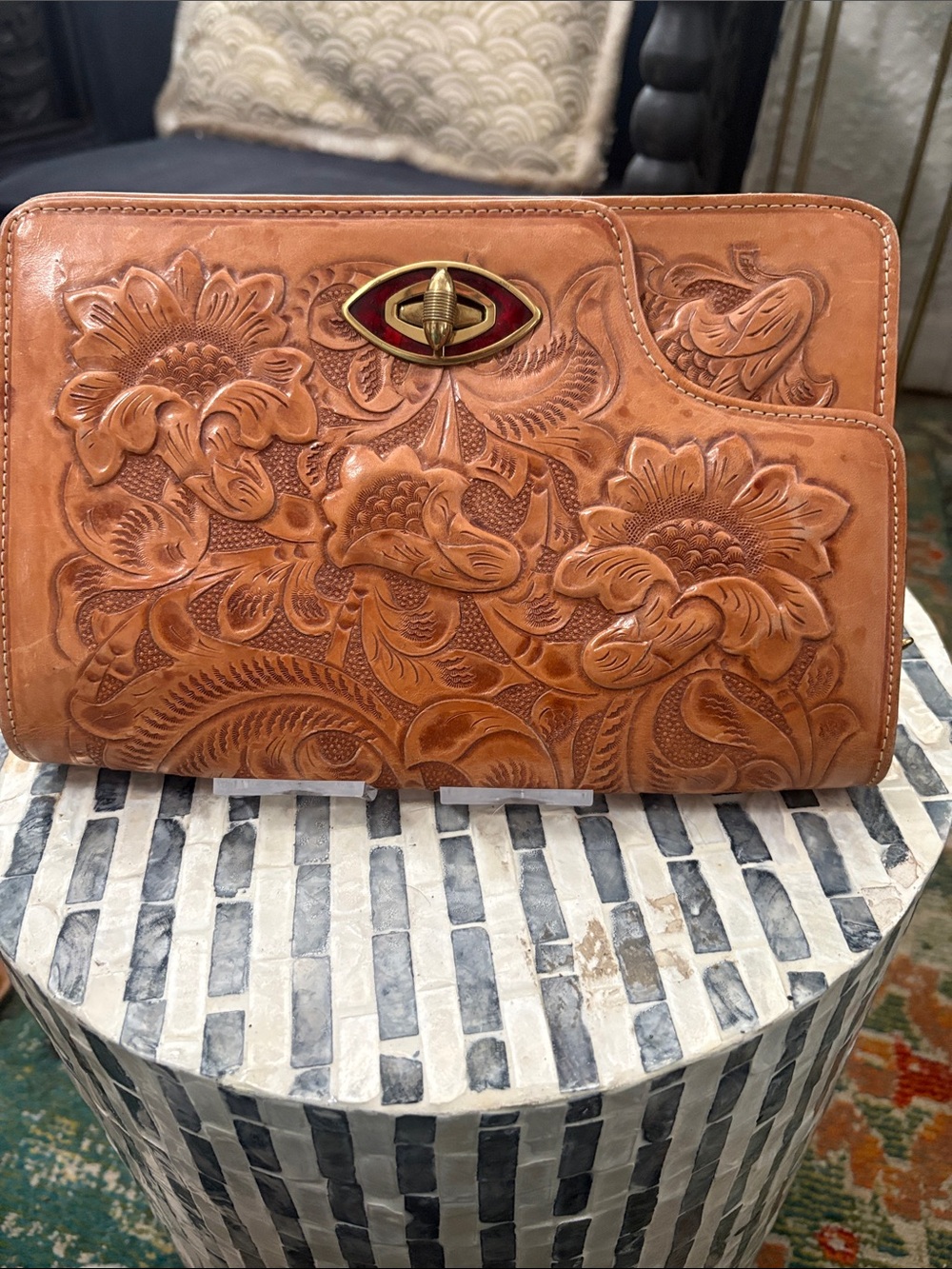 Vintage Nunez Tooled Leather Clutch Bag made in Mexico Floral Print
